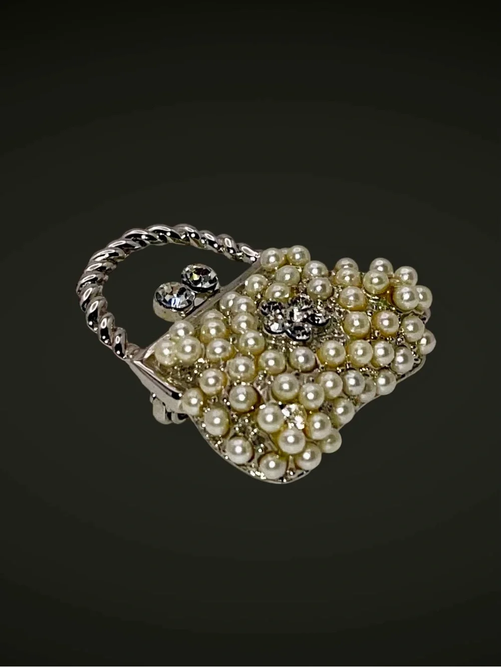 Dazzling Vintage Pearl and Rhinestone Purse Brooch Dainty Petite Estate Pc